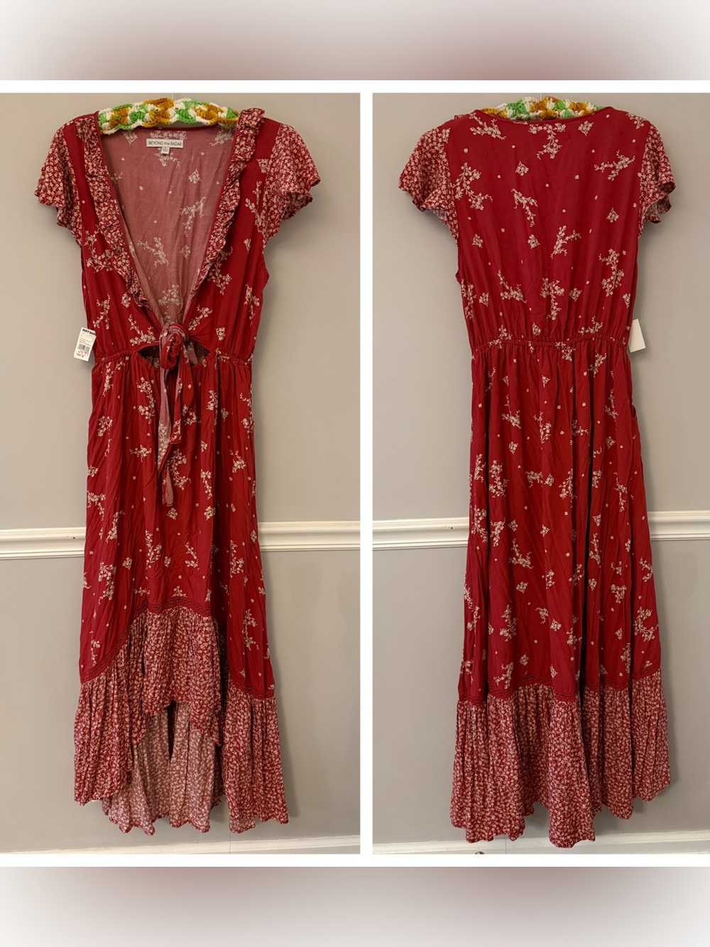 NWT Beyond the Radar V neckline Red Floral Picnic Maxi Dress. L